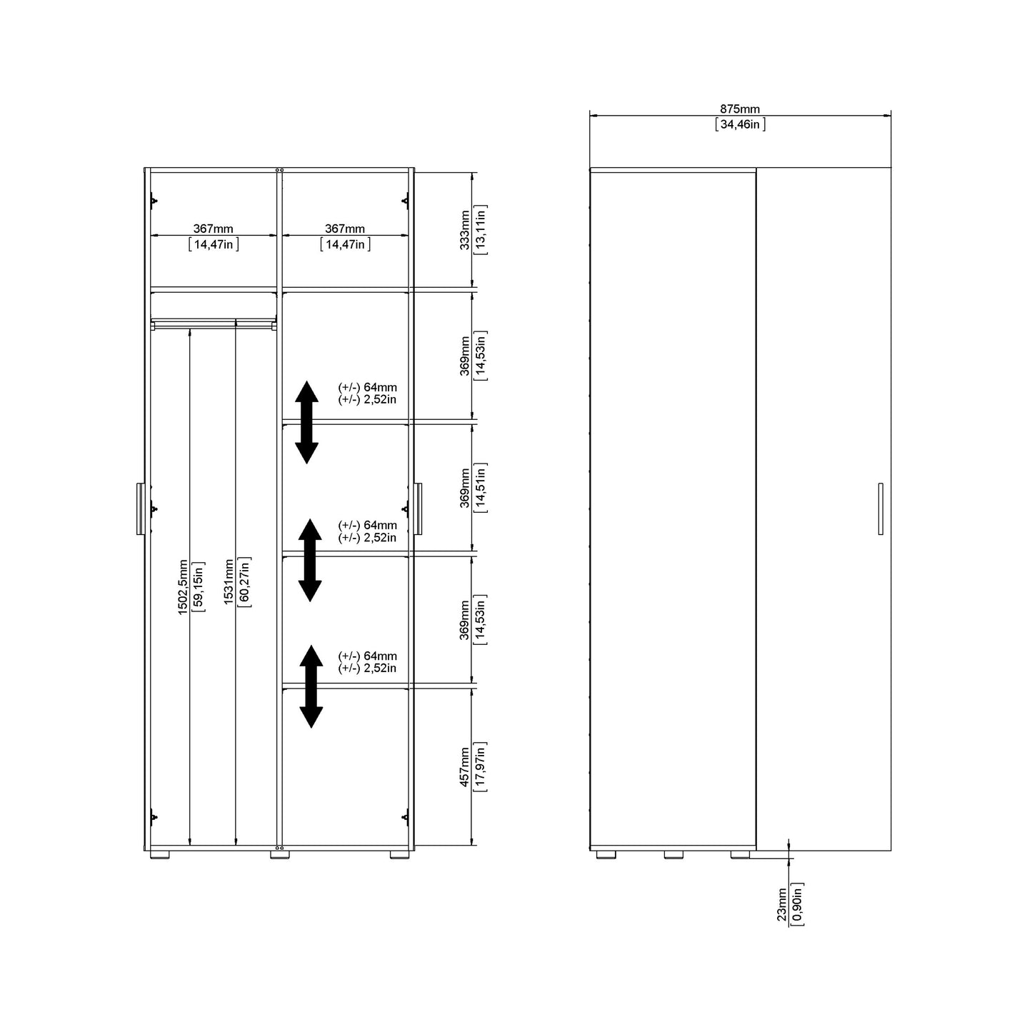 Pepe Wardrobe with 2 doors in White woodgrain