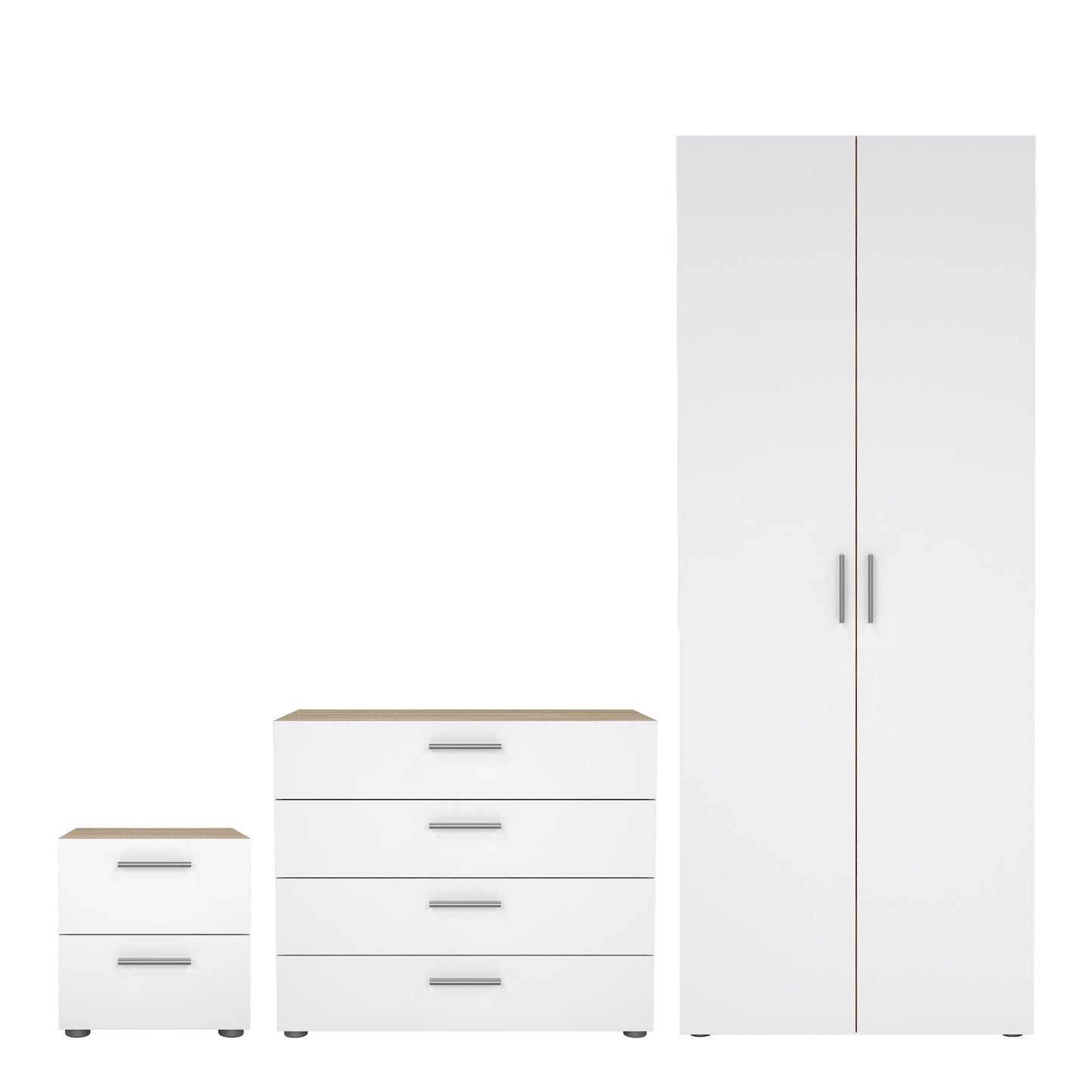 Pepe 3 Piece Bundle, Bedside, Chest and 2 Door Wardrobe in Oak and White High Gloss