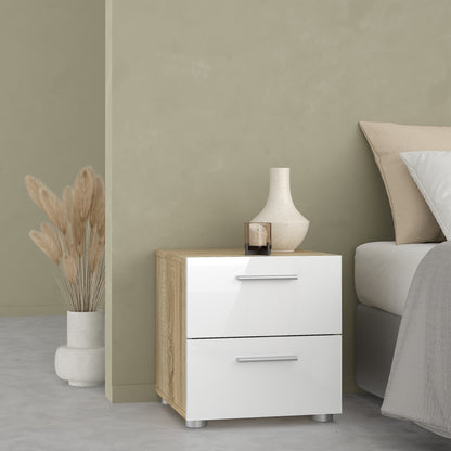 Pepe 3 Piece Bundle, Bedside, Chest and 2 Door Wardrobe in Oak and White High Gloss