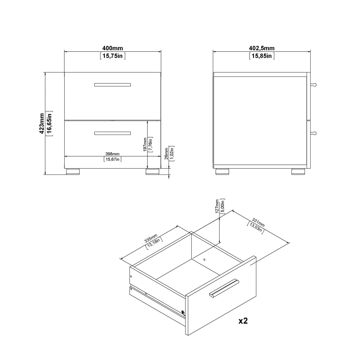 Pepe 3 Piece Bundle, Bedside, Chest and 2 Door Wardrobe in Oak and White High Gloss