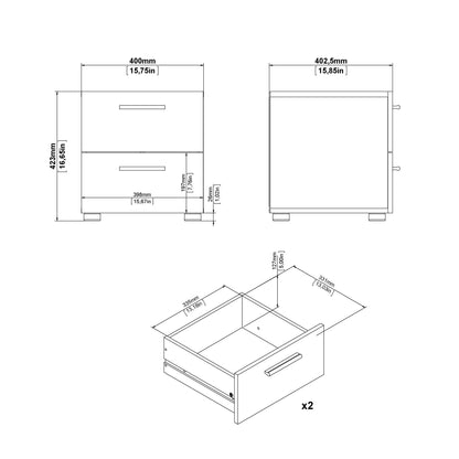 Pepe 3 Piece Bundle, Bedside, Chest and 2 Door Wardrobe in Oak and White High Gloss