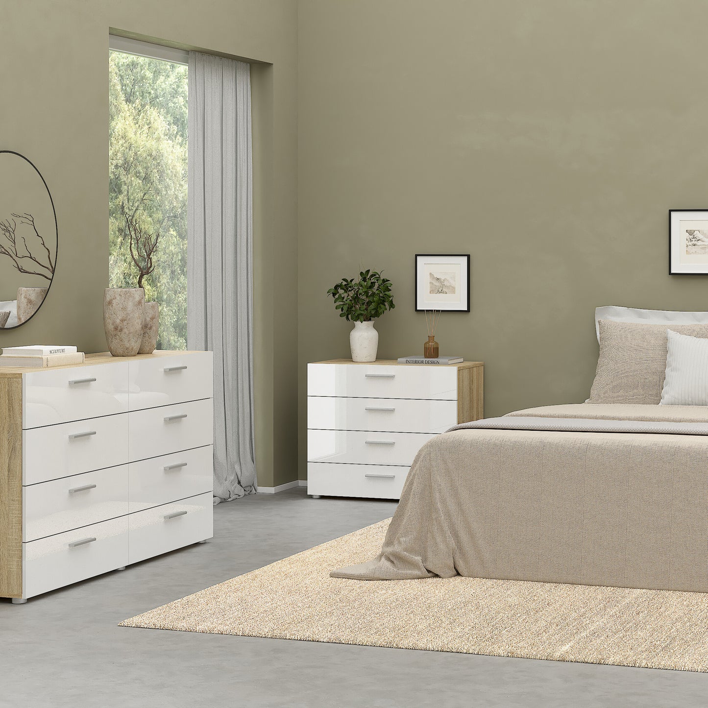 Pepe 3 Piece Bundle, Bedside, Chest and 2 Door Wardrobe in Oak and White High Gloss