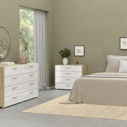 Pepe 3 Piece Bundle, Bedside, Chest and 2 Door Wardrobe in Oak and White High Gloss