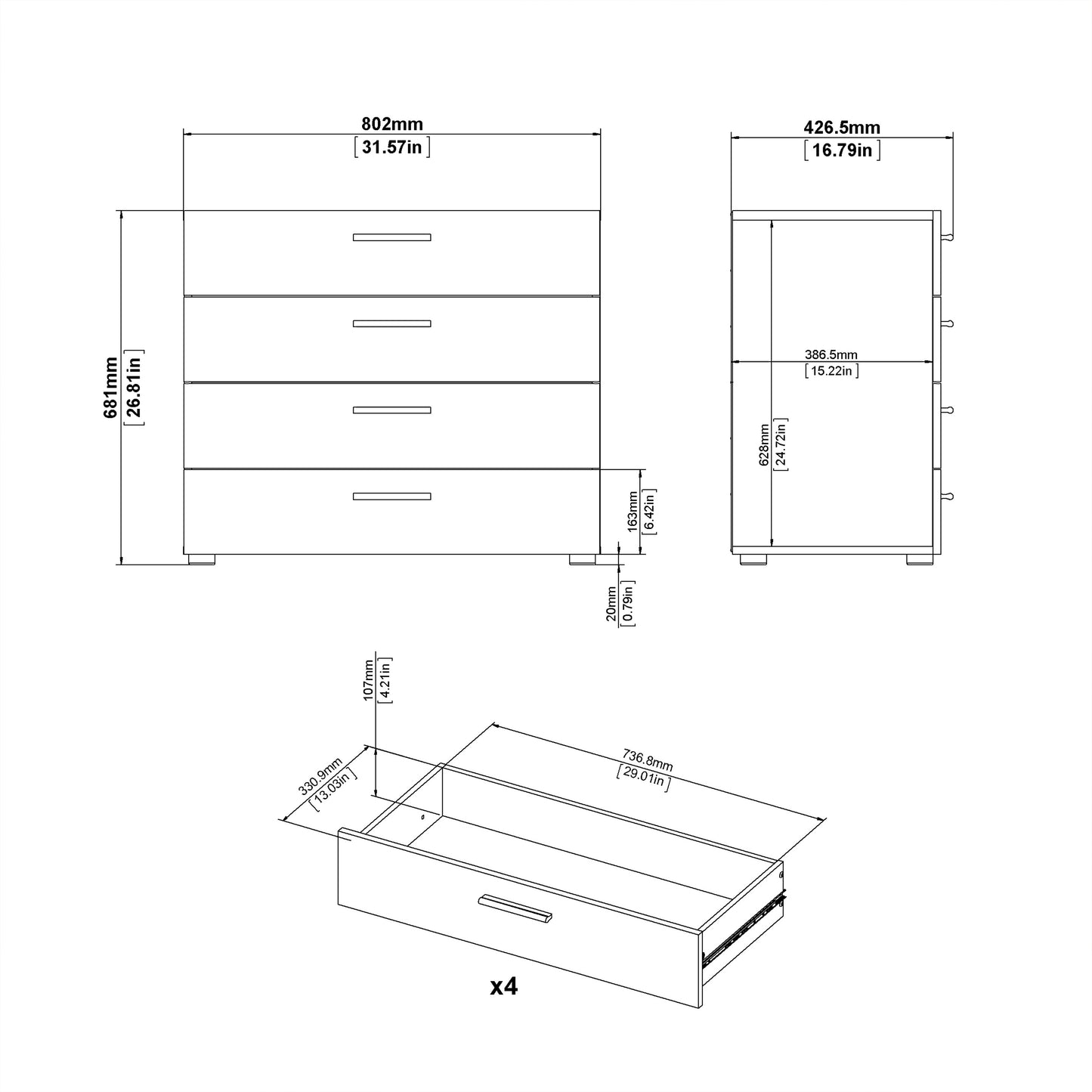 Pepe 3 Piece Bundle, Bedside, Chest and 2 Door Wardrobe in Black