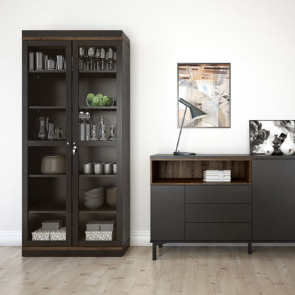 Display Cabinet Glazed 2 Doors in Black and Walnut