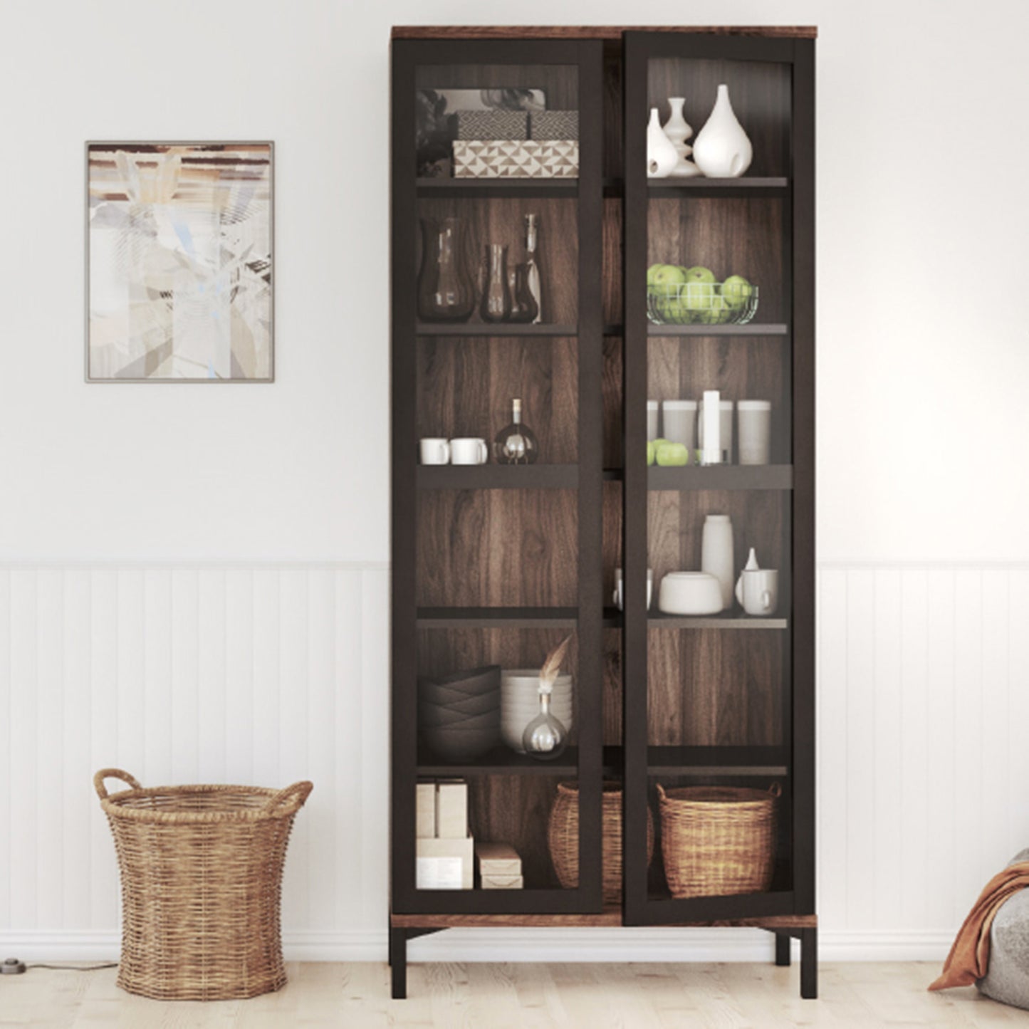 Display Cabinet Glazed 2 Doors in Black and Walnut