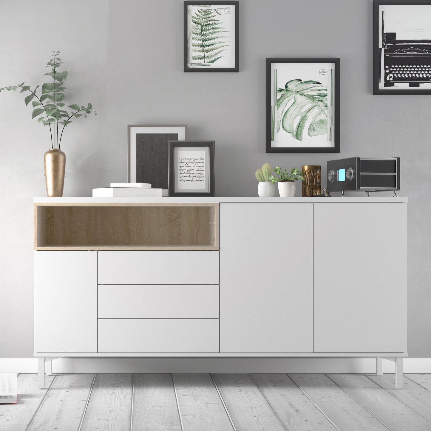 Sideboard 3 Drawers 3 Doors in White and Oak