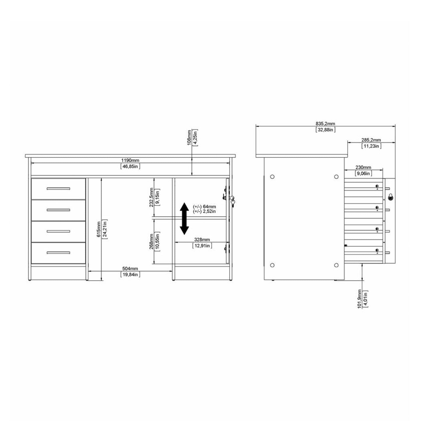 Function Plus Desk 4 Drawer 1 Door in White and Grey