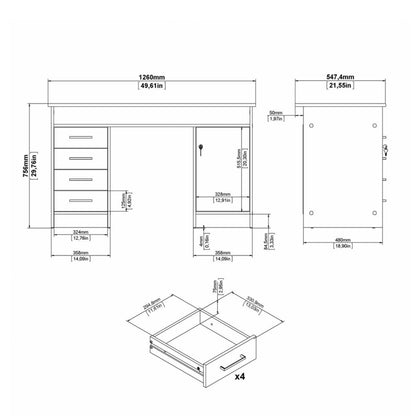 Function Plus Desk 4 Drawer 1 Door in White and Grey