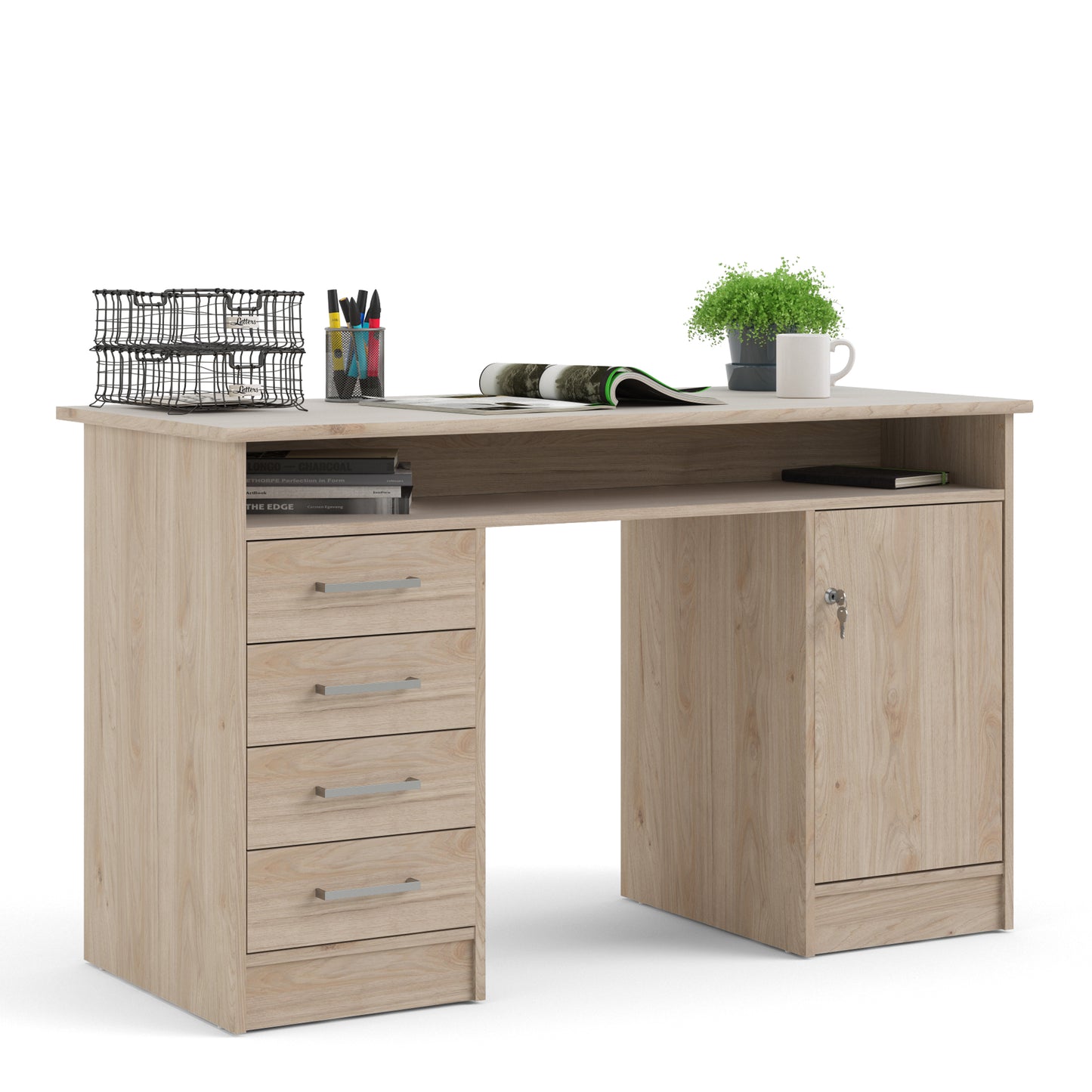 Function Plus Desk 4 Drawer 1 Door in Jackson Hickory Oak