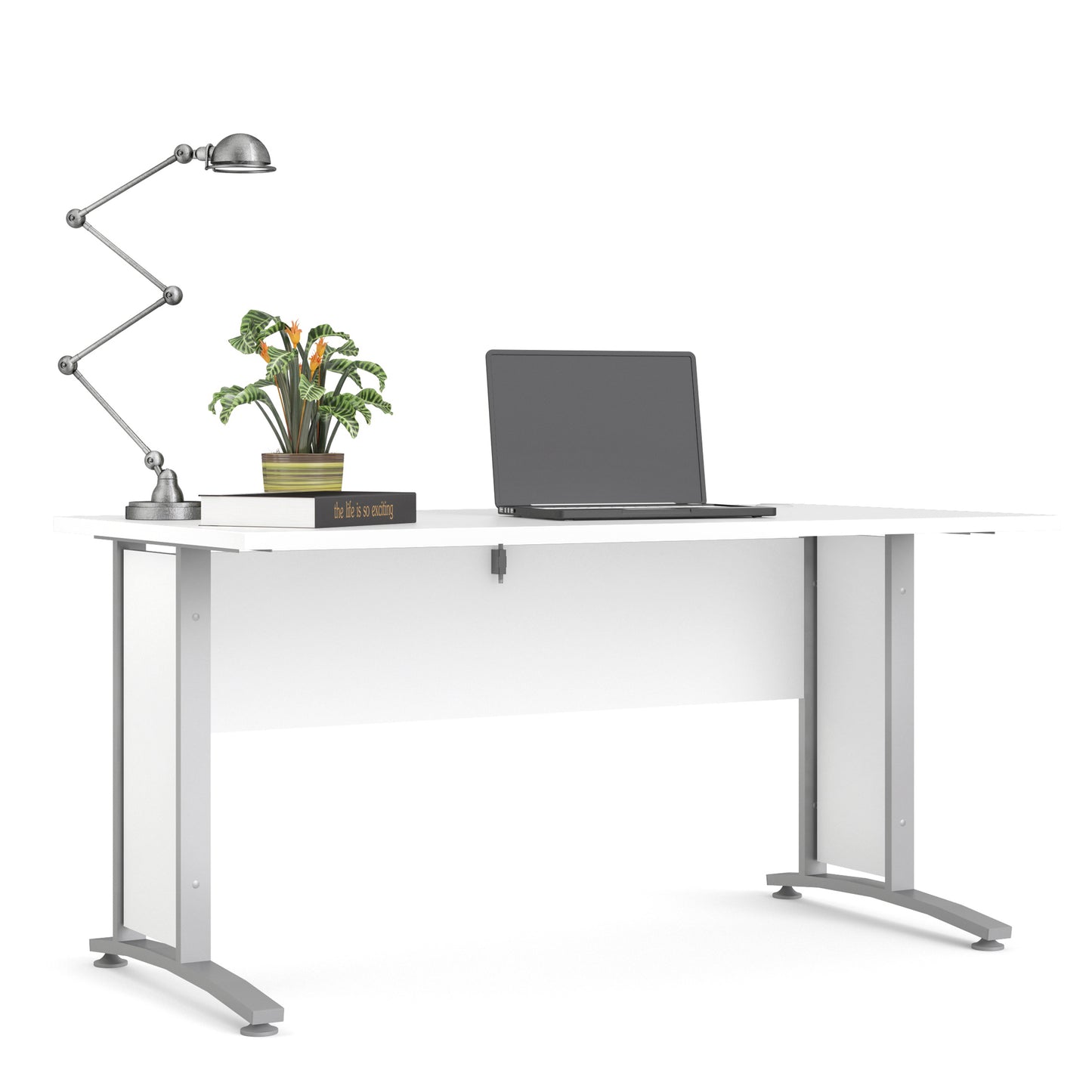 Prima Desk 150 cm in White with Silver grey steel legs