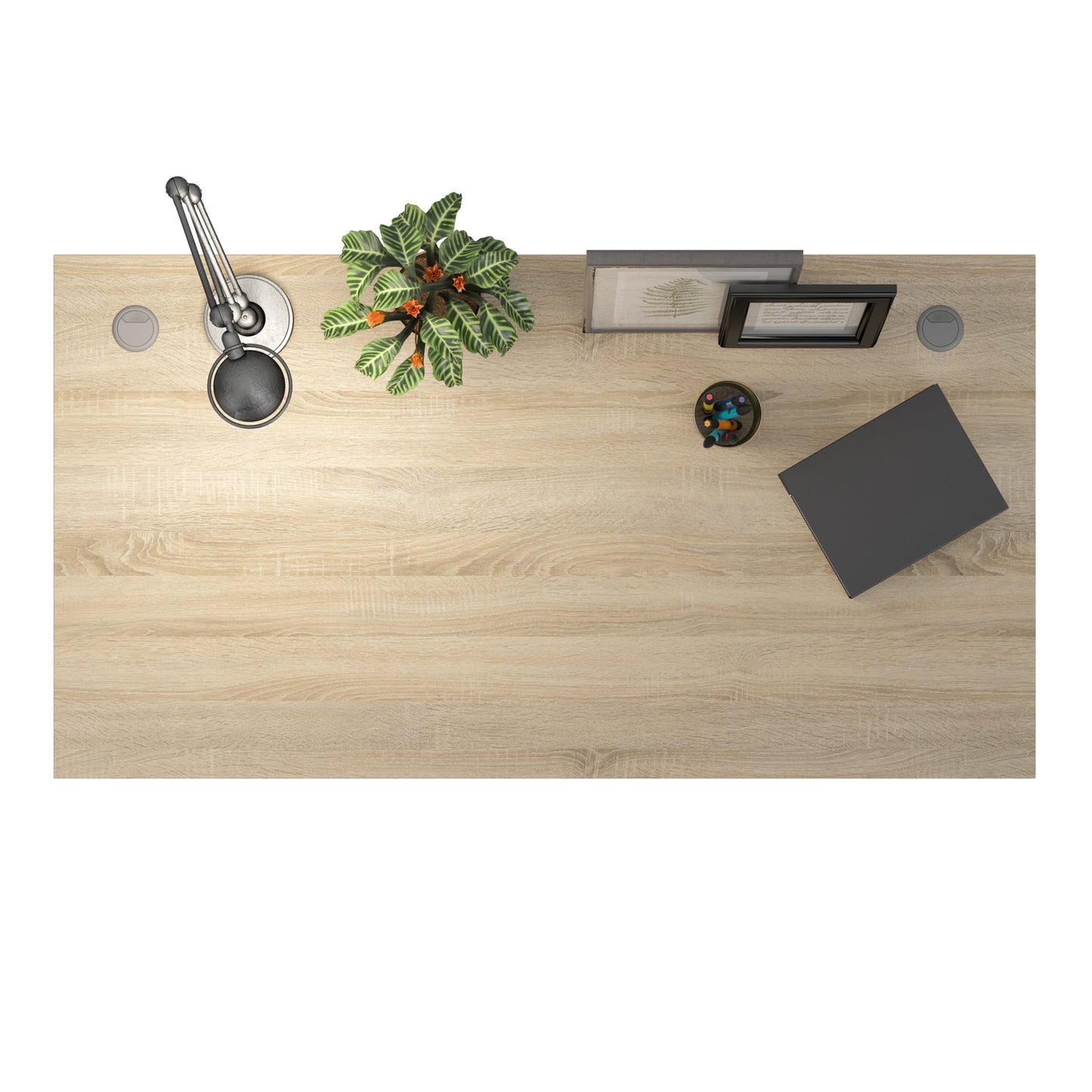 Prima Desk 150 cm in Oak with Height adjustable legs with electric control in Silver grey steel