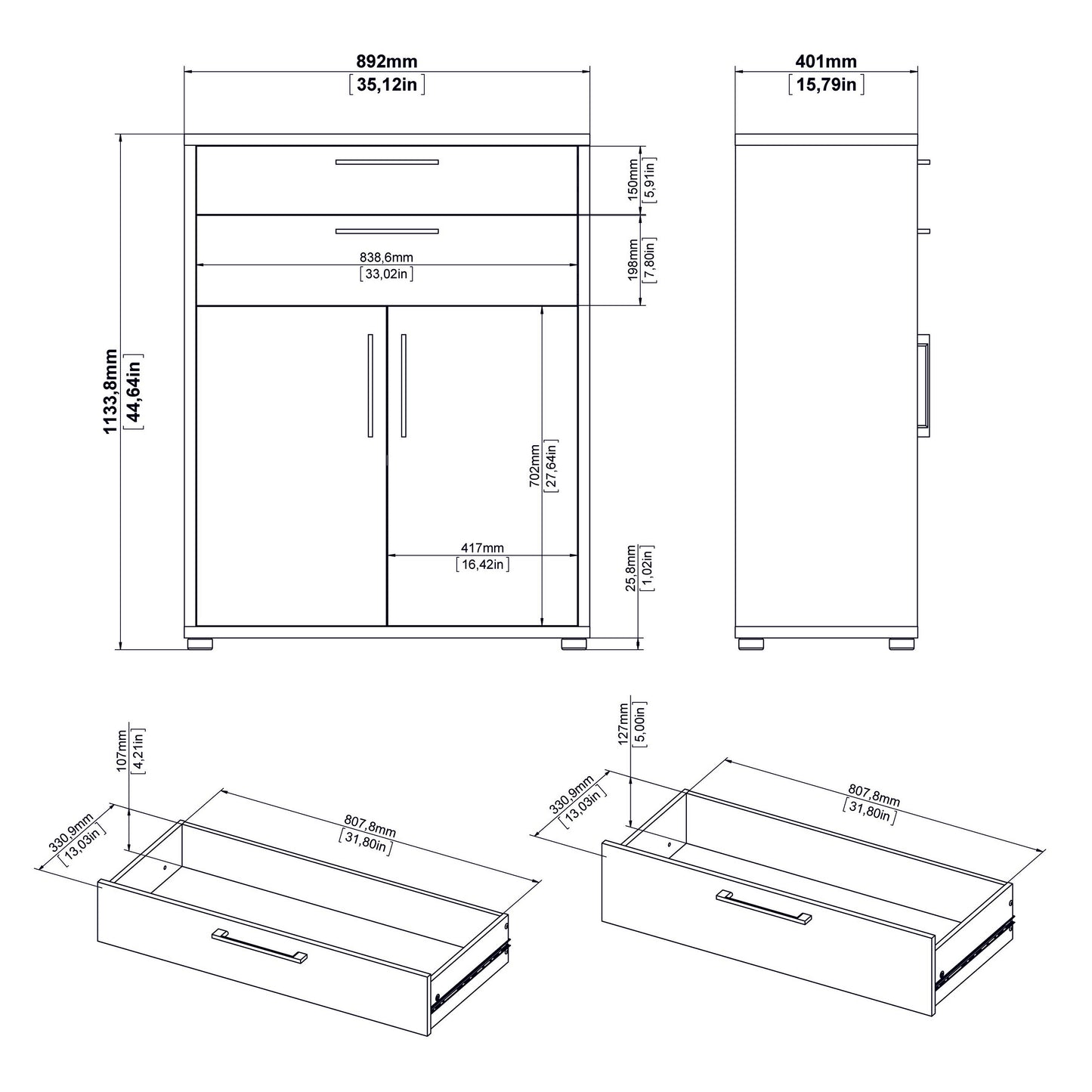 Prima Bookcase 3 Shelves With 2 Drawers And 2 Doors In White