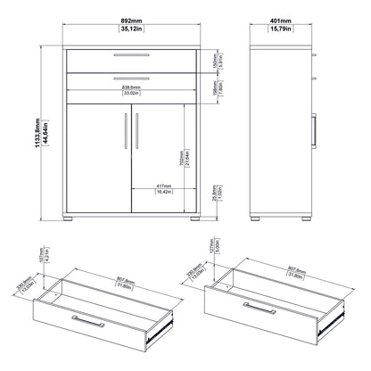 Prima Bookcase 3 Shelves With 2 Drawers And 2 Doors In White