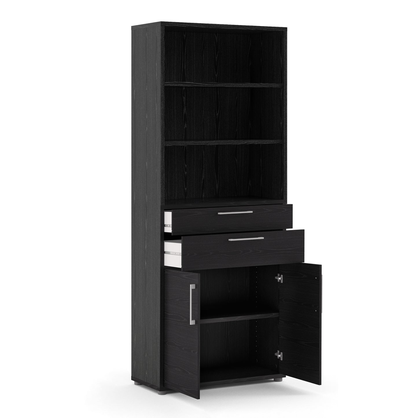 Prima Bookcase 2 Shelves With 2 Drawers And 2 Doors In Black Woodgrain