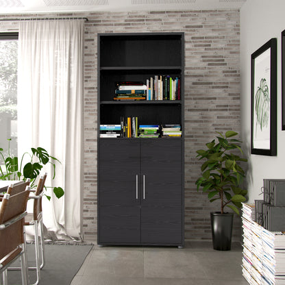 Prima Bookcase 4 Shelves with 2 Doors in Black woodgrain