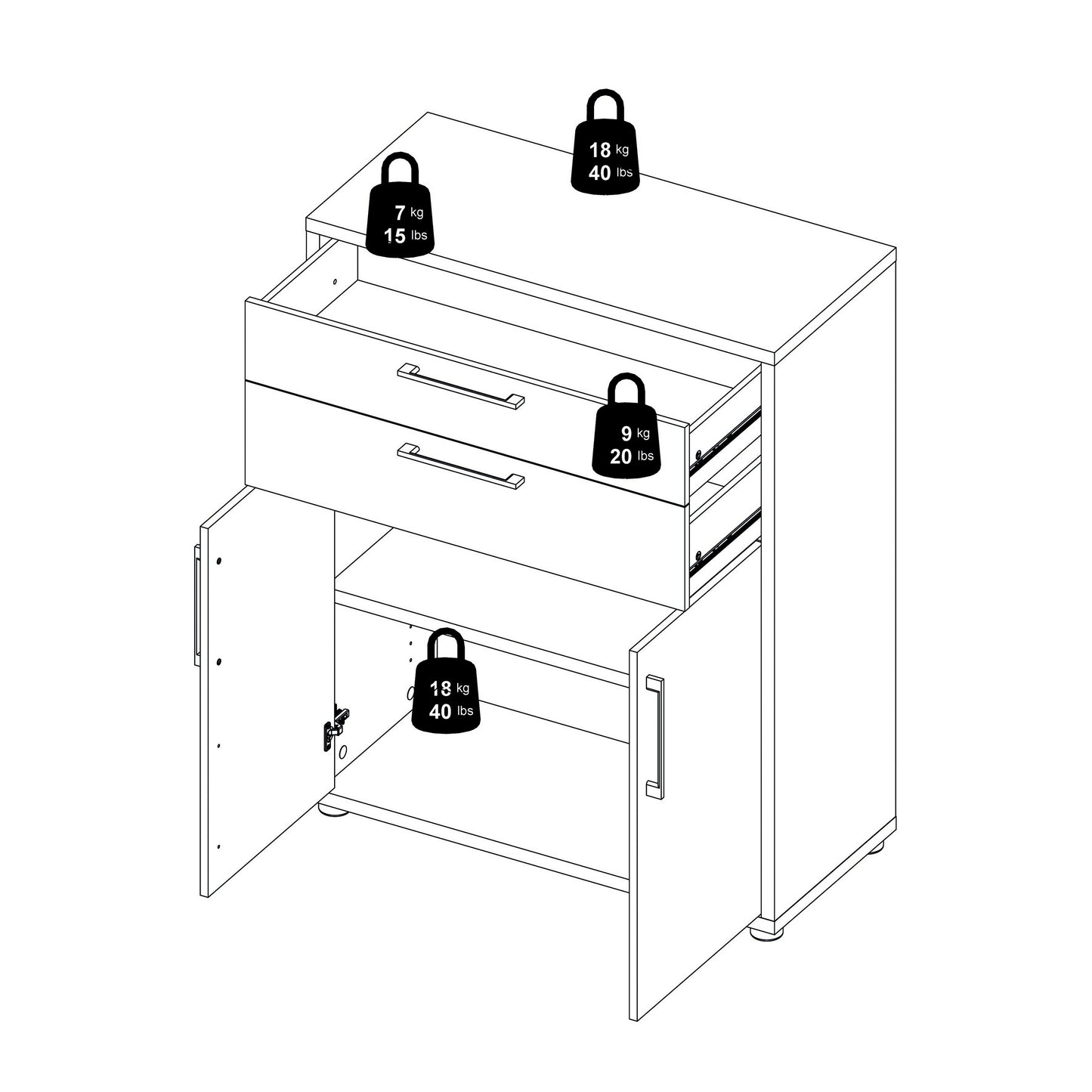 Prima Bookcase 1 Shelf With 2 Drawers And 2 Doors In White