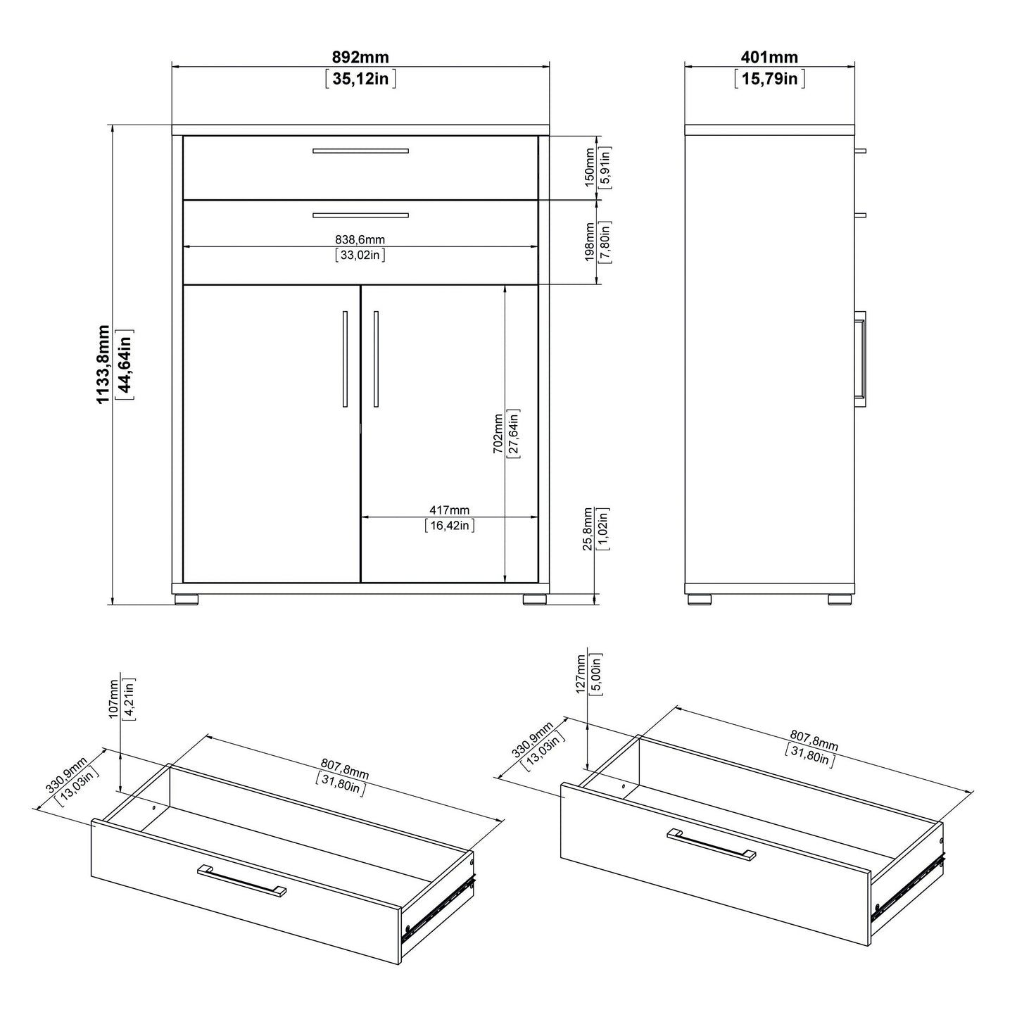 Prima Bookcase 1 Shelf with 2 Drawers and 2 Doors in Oak