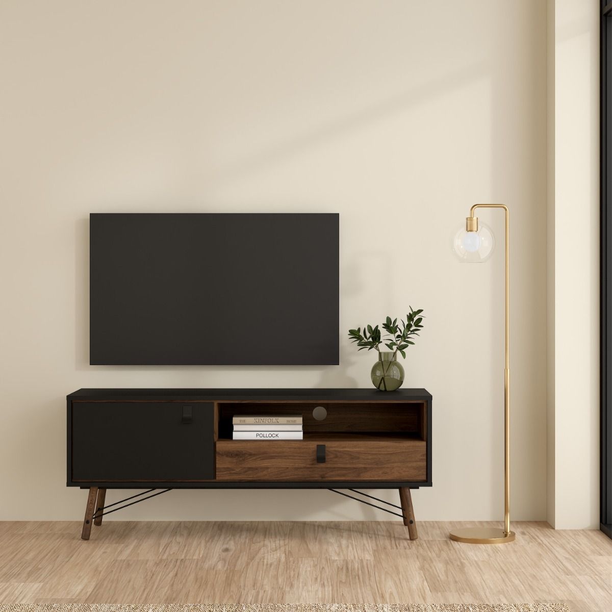 Ry TV-unit 1 door + 1 drawer Matt Black Walnut