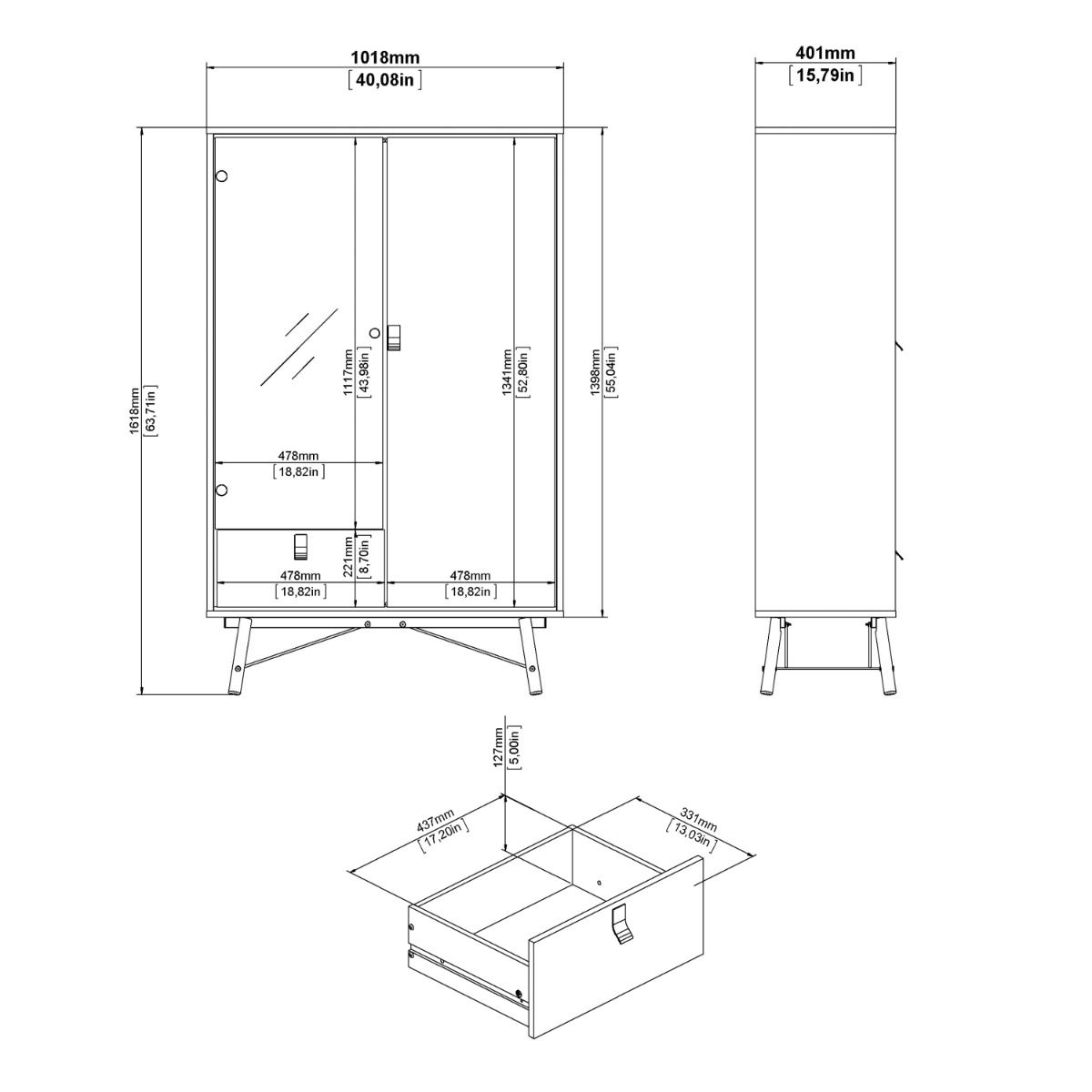 Ry China cabinet 1 door + 1 glass door + 1 drawer Matt White