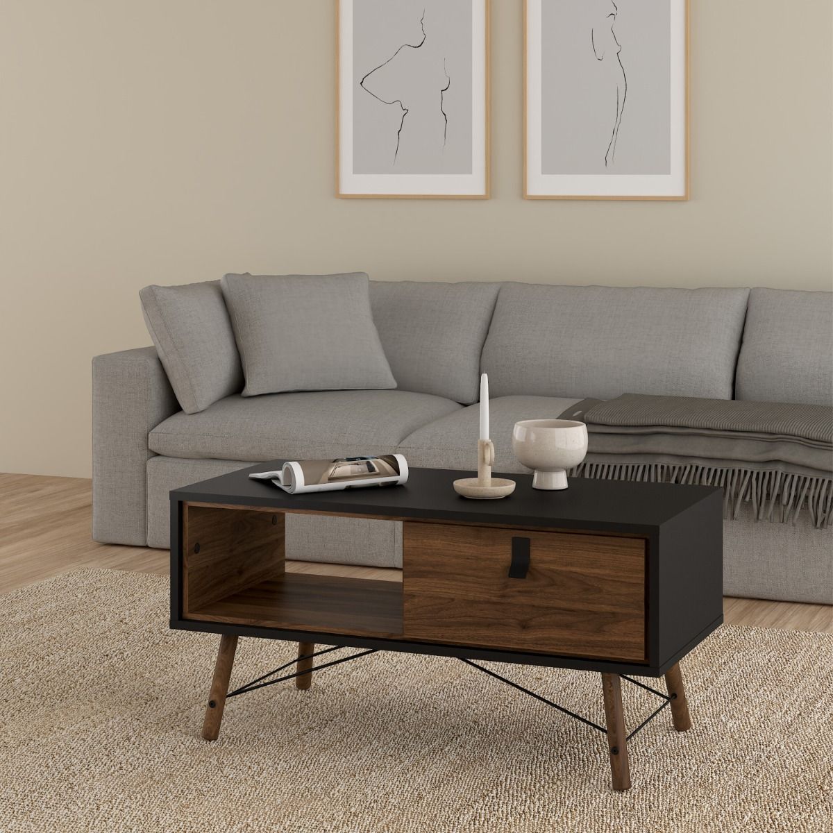 Ry Coffee table with 1 drawer Matt Black Walnut