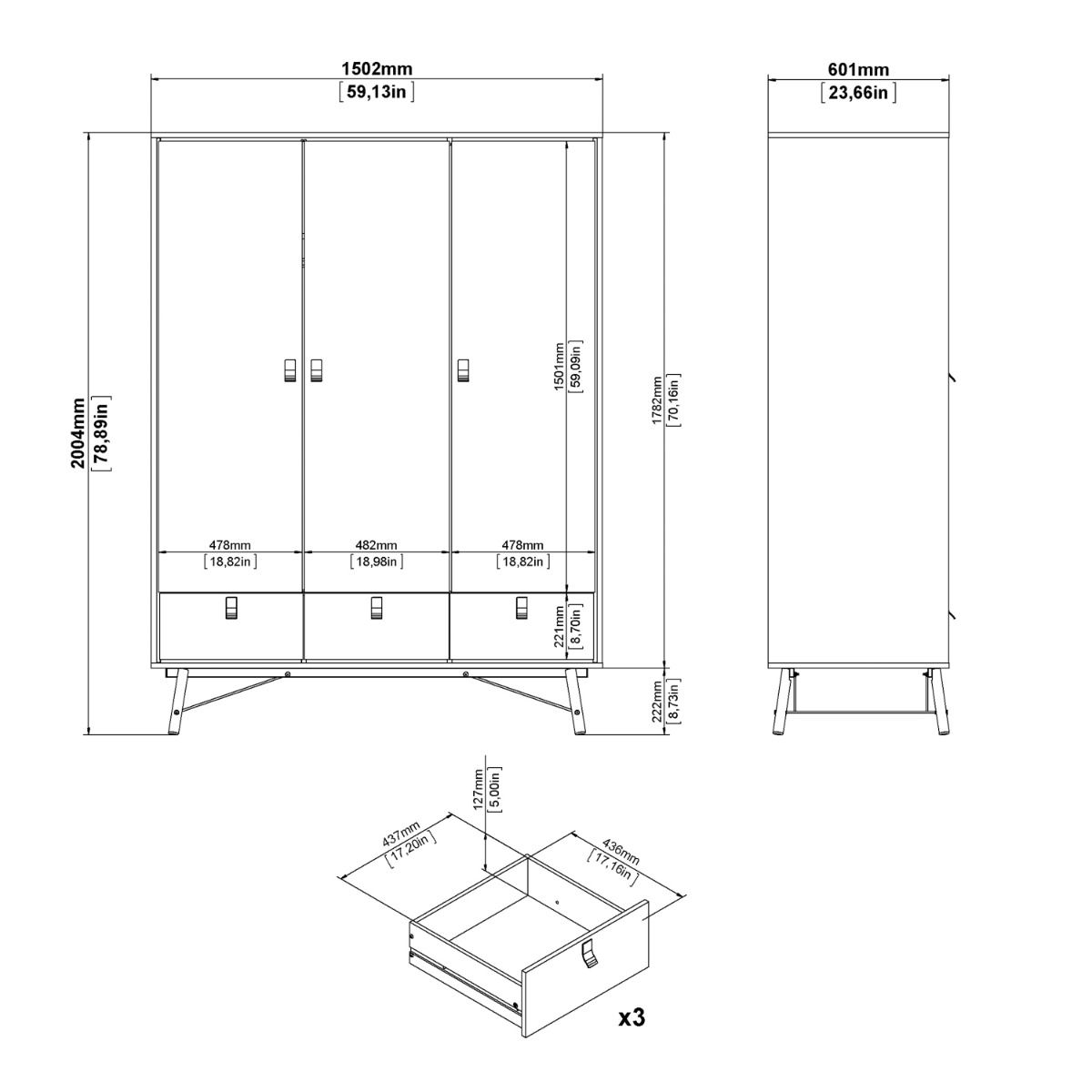 Ry Wardrobe 3 doors + 3 drawers in Matt Black Walnut