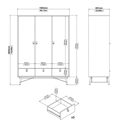 Ry Wardrobe 3 doors + 3 drawers in Matt Black Walnut