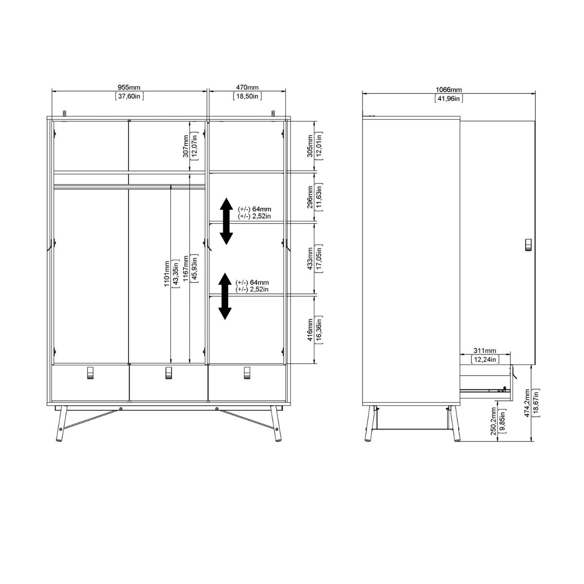 Ry Wardrobe 3 doors + 3 drawers in Matt Black Walnut