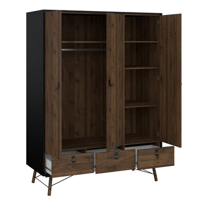 Ry Wardrobe 3 doors + 3 drawers in Matt Black Walnut