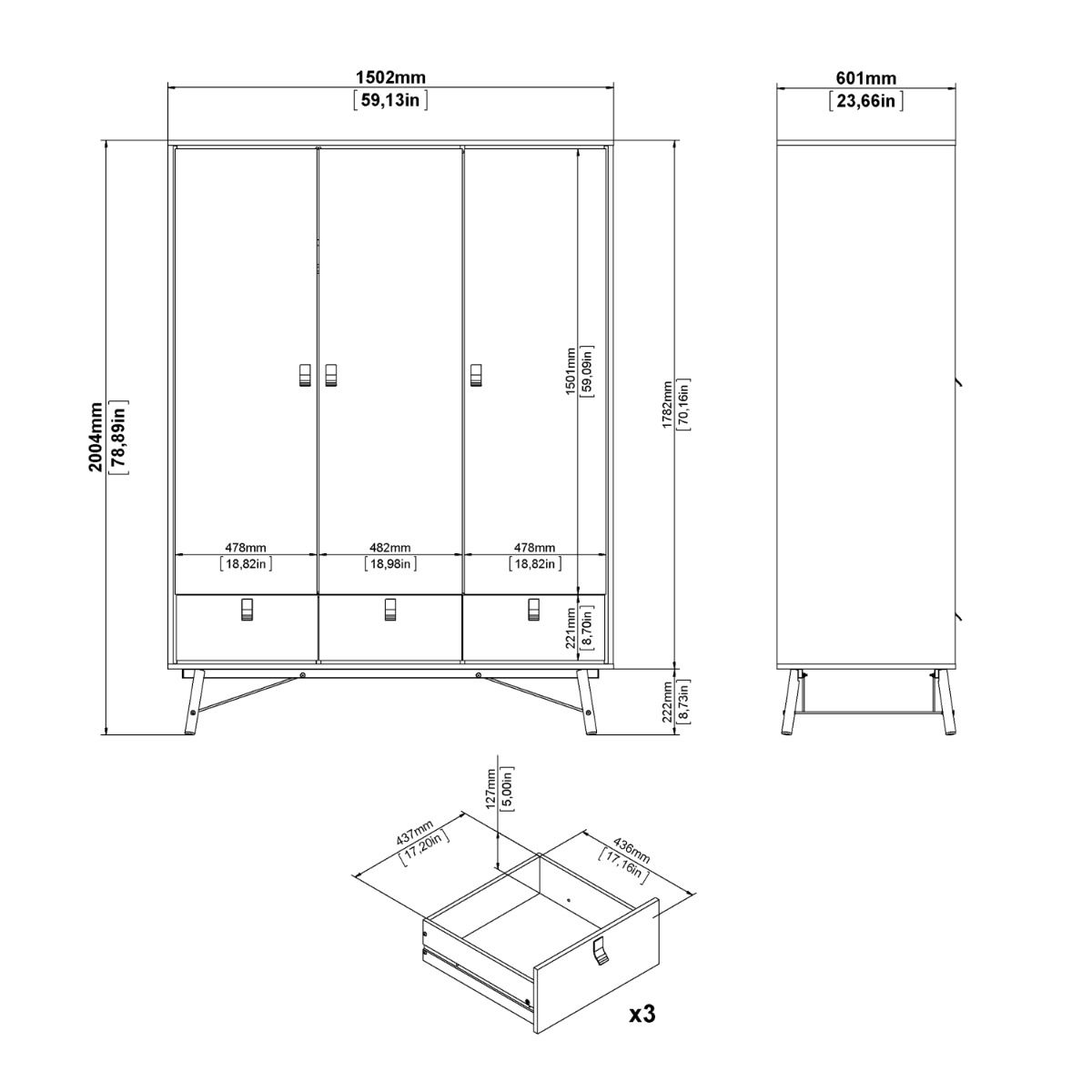 Ry Wardrobe 3 doors + 3 drawers in Matt White