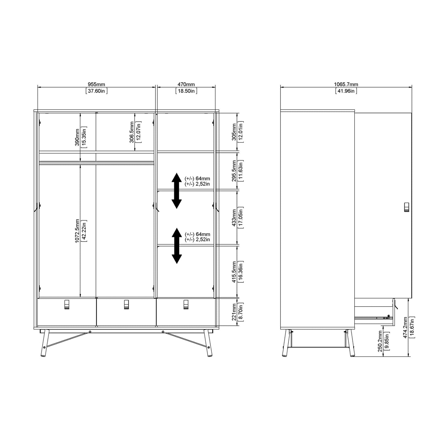 Ry Wardrobe 3 Doors + 3 Drawers in Jackson Hickory Oak