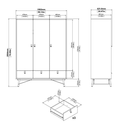 Ry Wardrobe 3 Doors + 3 Drawers in Jackson Hickory Oak