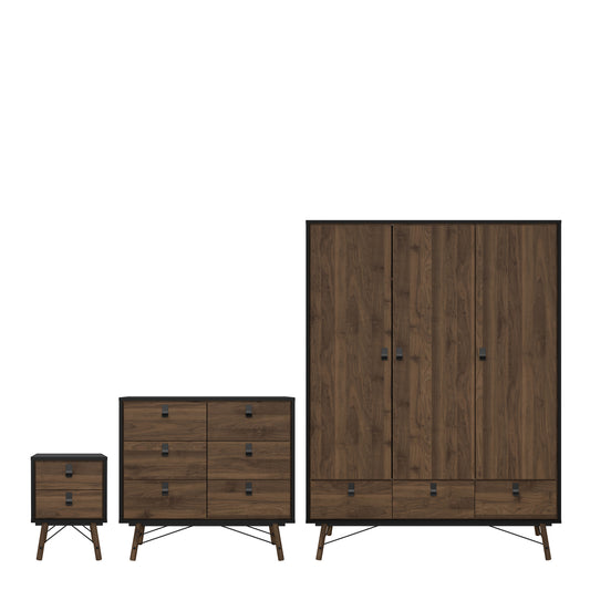 Ry 3 Piece Bundle, Bedside, Chest and 3 Door 3 Drawer Wardrobe in Matt Black Walnut