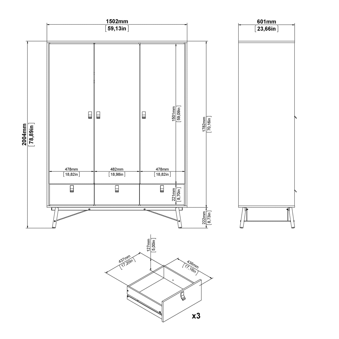 Ry 3 Piece Bundle, Bedside, Chest and 3 Door 3 Drawer Wardrobe in Matt Black Walnut