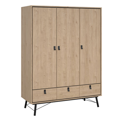 Ry 3 Piece Bundle, Bedside, Chest and 3 Door 3 Drawer Wardrobe in Jackson Hickory Oak