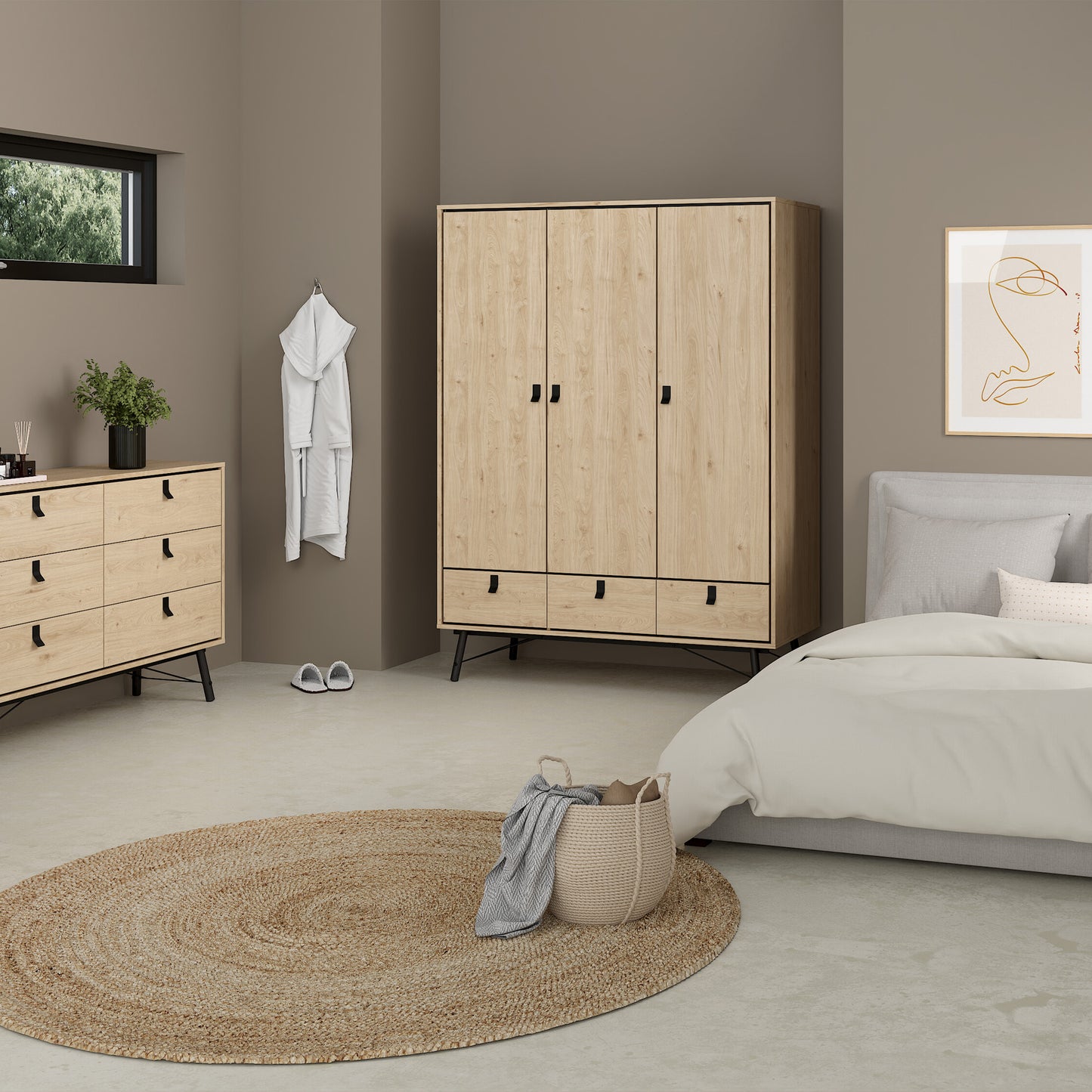 Ry 3 Piece Bundle, Bedside, Chest and 3 Door 3 Drawer Wardrobe in Jackson Hickory Oak