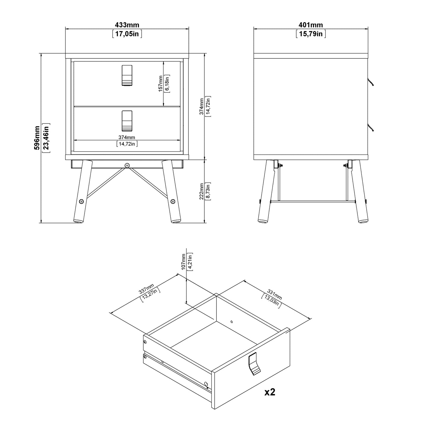 Ry 3 Piece Bundle, Bedside, Chest and 3 Door 3 Drawer Wardrobe in Jackson Hickory Oak