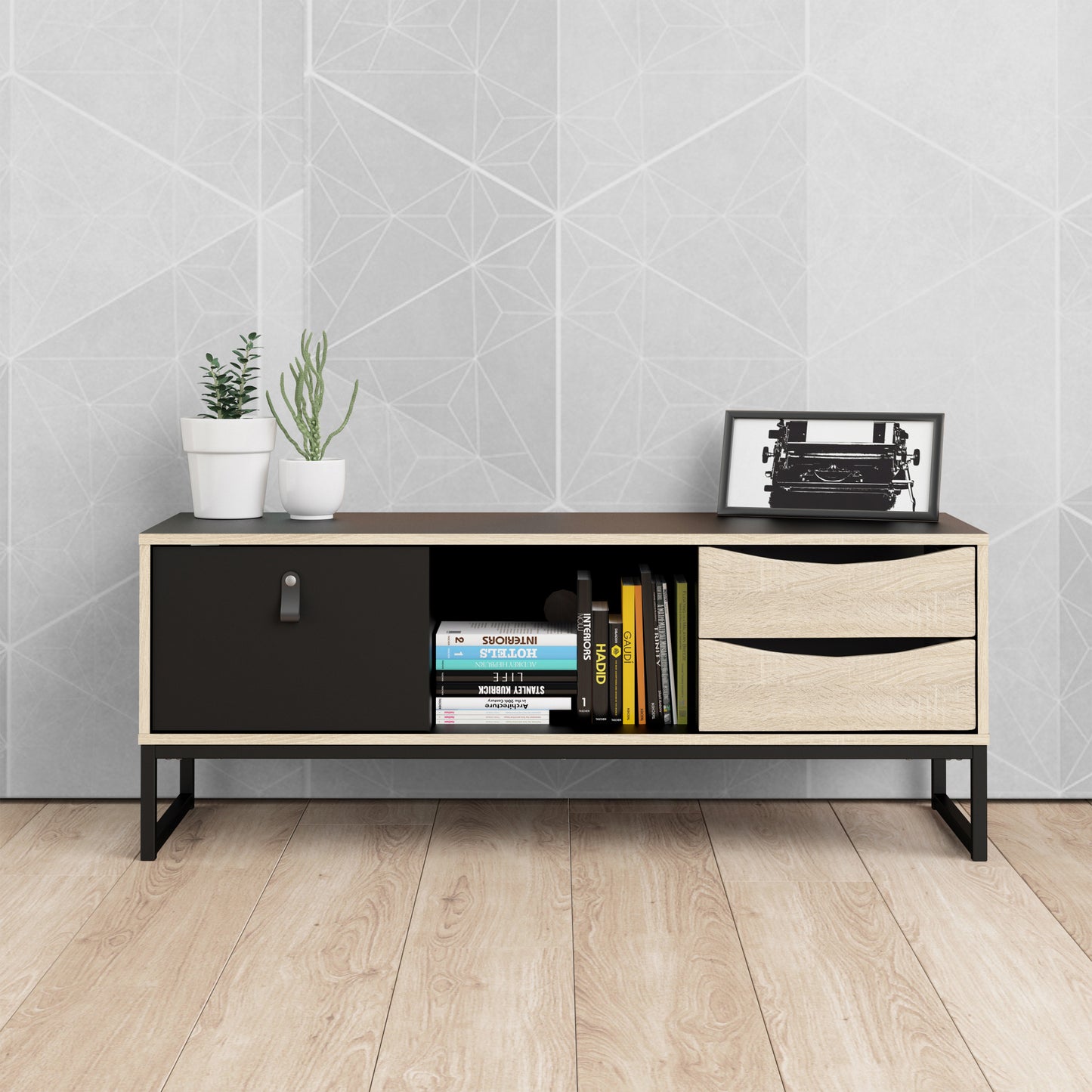 Stubbe TV Unit 1+2 drawers and open shelf in Matt Black Oak