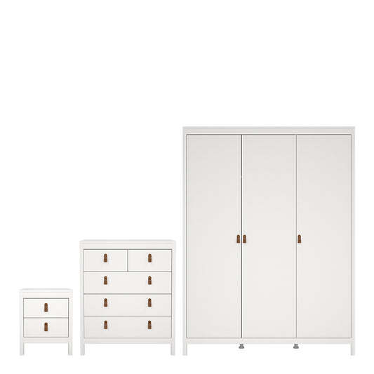 Barcelona 3 Piece Bundle, Bedside, Chest and 3 Door Wardrobe in White