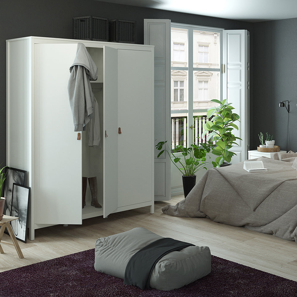 Barcelona 3 Piece Bundle, Bedside, Chest and 3 Door Wardrobe in White