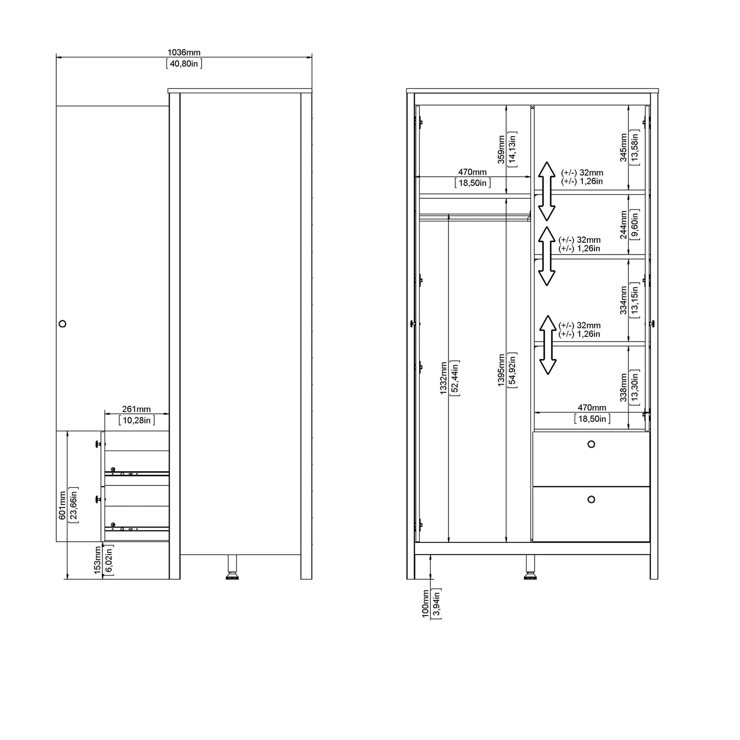 Barcelona Wardrobe with 1 door + 1 mirror door + 2 drawers White