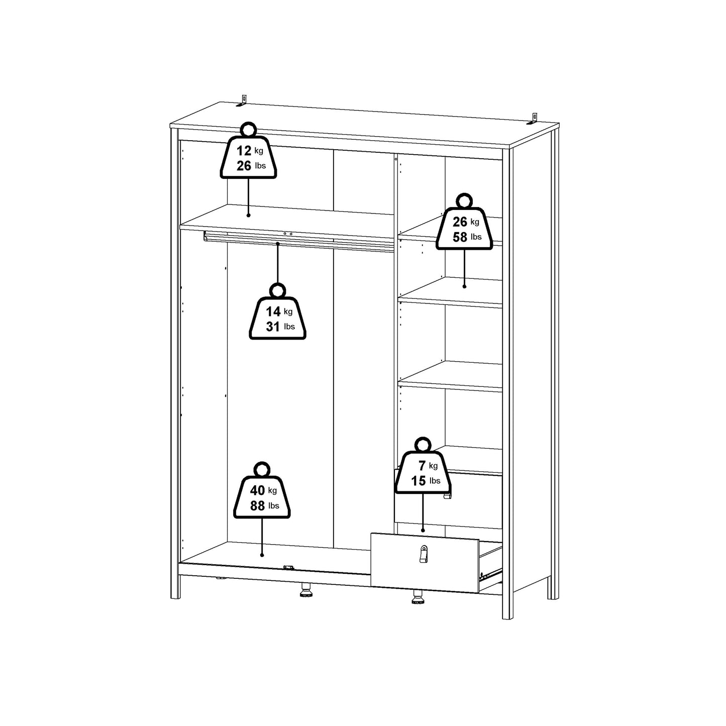 Barcelona Wardrobe with 2 doors + 1 mirror door + 2 drawers White