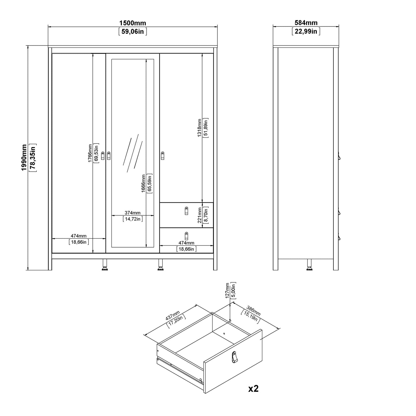 Barcelona Wardrobe with 2 doors + 1 mirror door + 2 drawers White