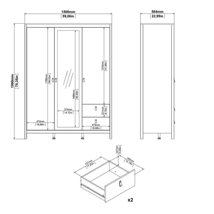 Barcelona Wardrobe with 2 doors + 1 mirror door + 2 drawers White