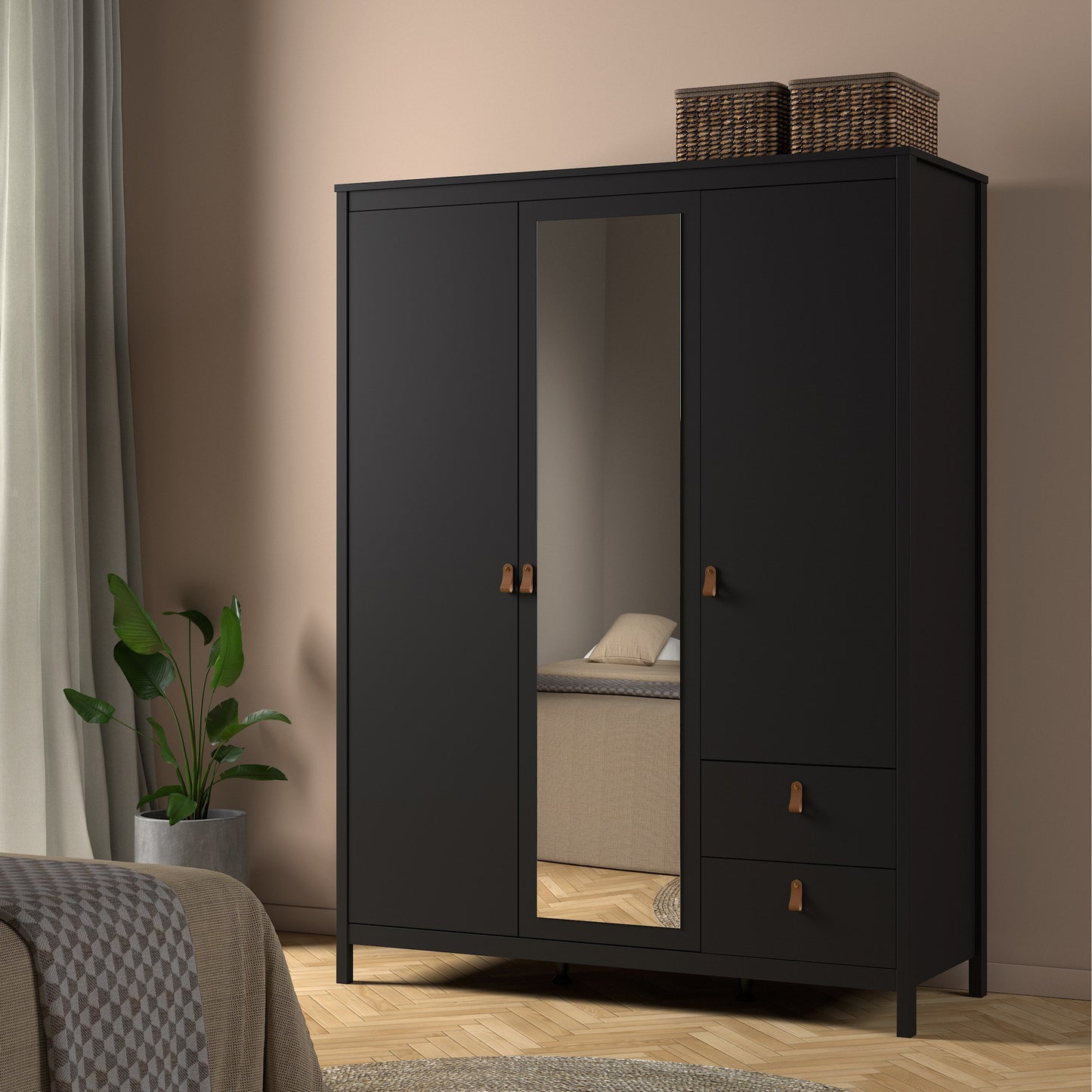 Barcelona Wardrobe with 2 doors + 1 mirror door + 2 drawers Matt Black