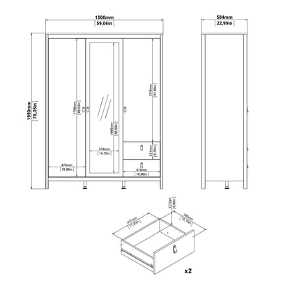 Barcelona Wardrobe with 2 doors + 1 mirror door + 2 drawers Matt Black