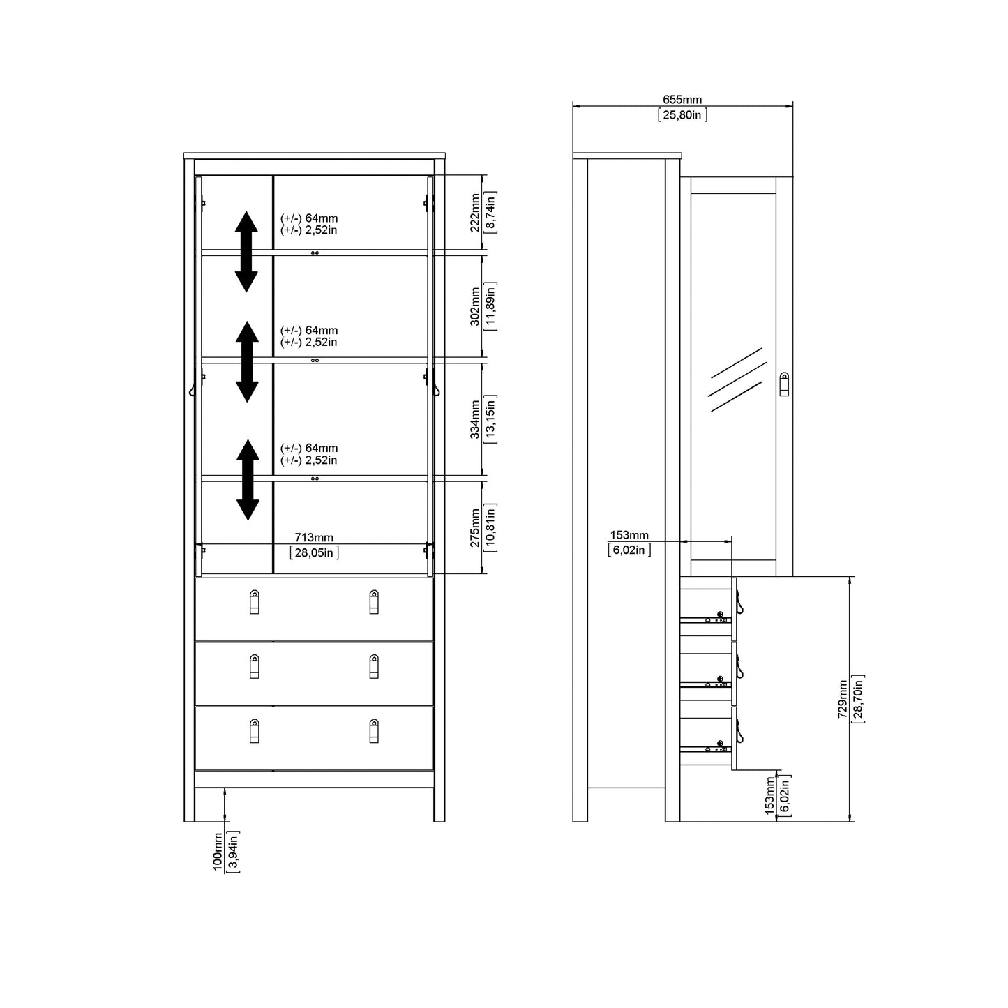 Barcelona China cabinet 2 doors w/glass + 3 drawers in Matt Black