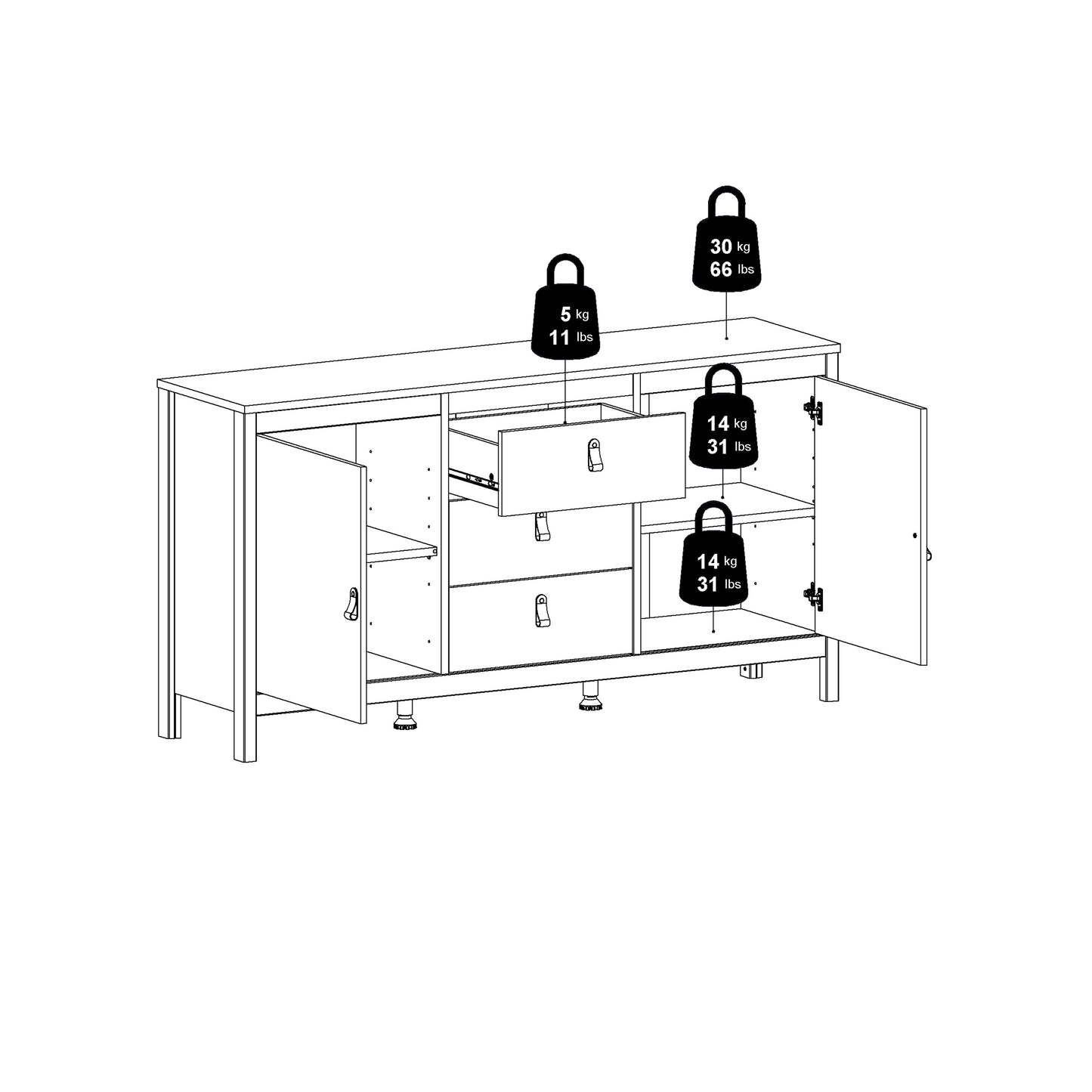 Barcelona Sideboard 2 doors + 3 drawers in White