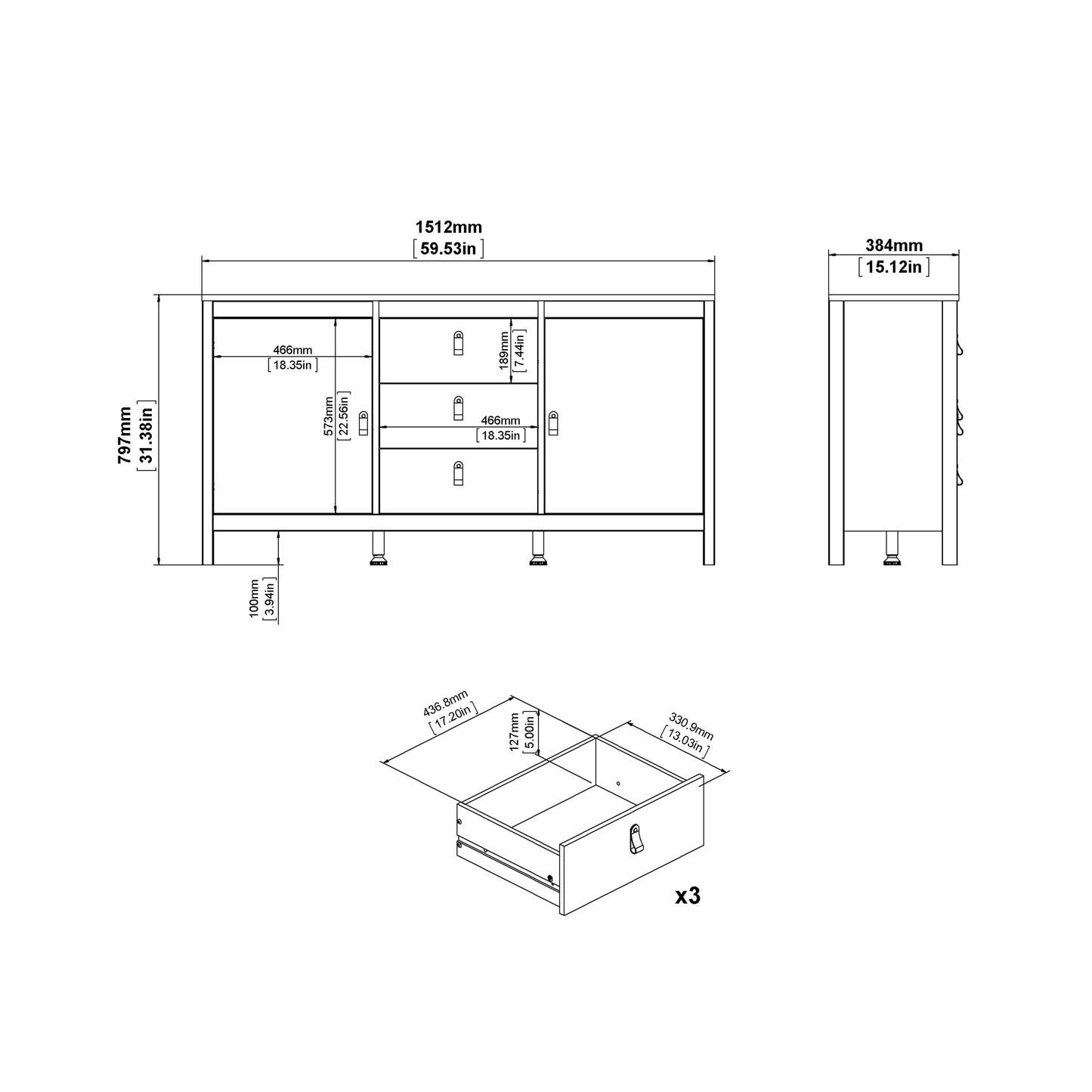 Barcelona Sideboard 2 doors + 3 drawers in White