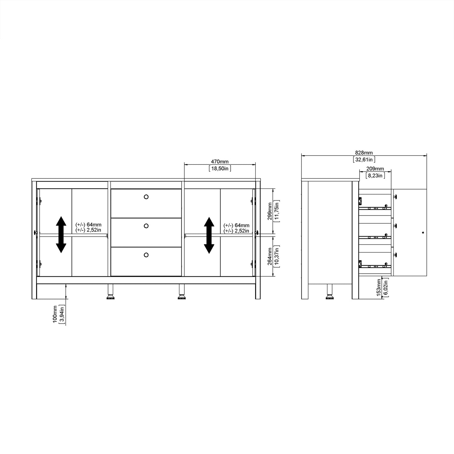 Barcelona Sideboard 2 doors + 3 drawers  in Matt Black